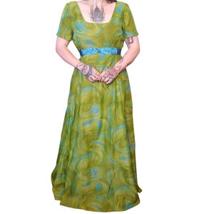 Vintage Green Blue Psychedelic Swirl Short Sleeve Maxi Dress